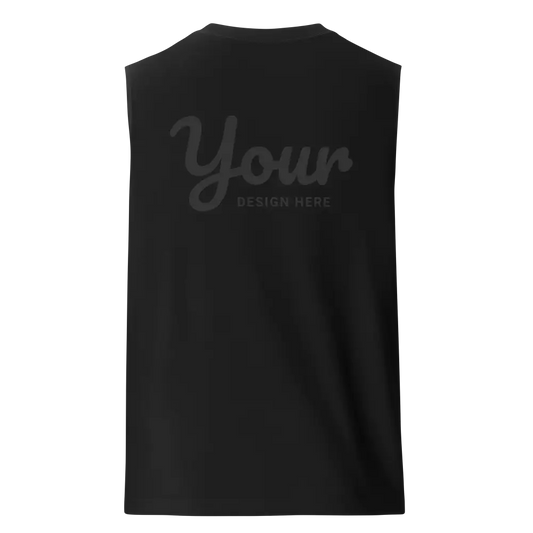 Custom black relaxed fit tank with low-cut armholes and your design here text