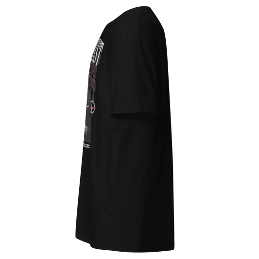 Cotton unisex classic t-shirt with extremist graphic and black leather duffle bag