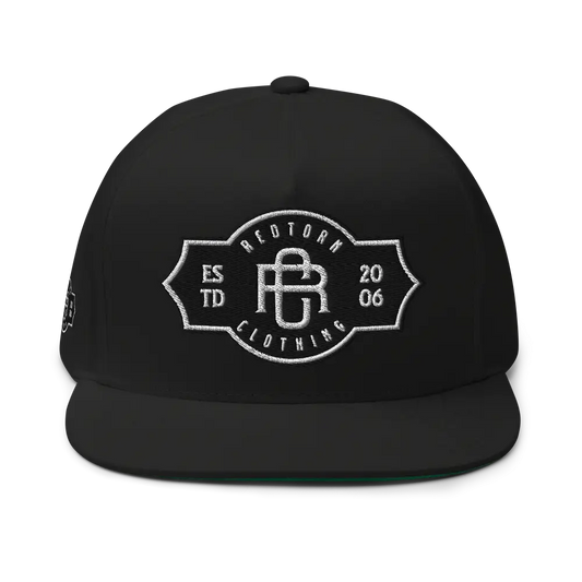 Redtorn RC monogram flat bill cap with black flat bill and white embroidered logo