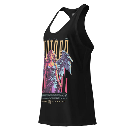 Holywings Angel Racerback Tank Top in black with gold text from Redtorn Clothing