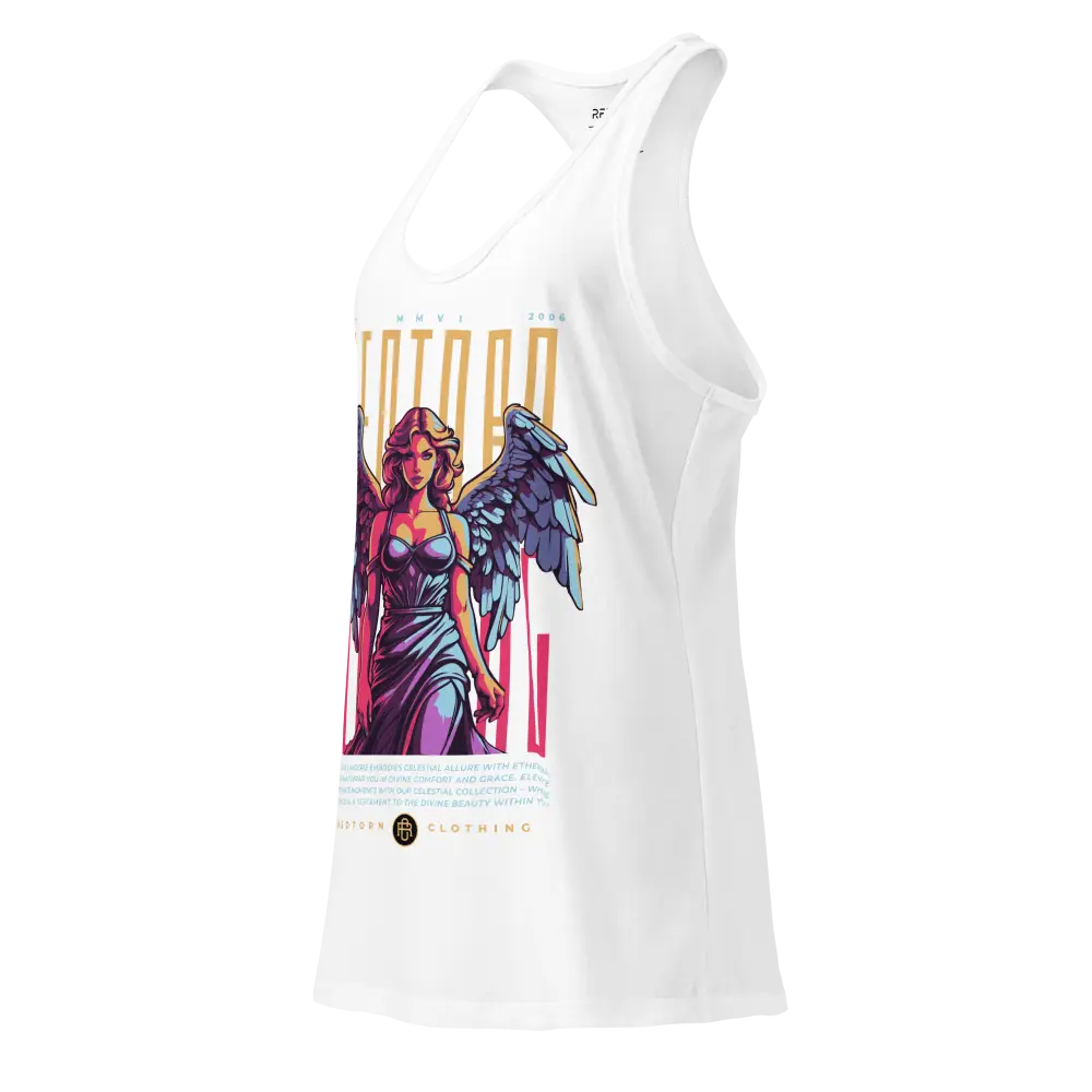 Holywings Angel Racerback Tank Top with white fabric, angel design, gold text