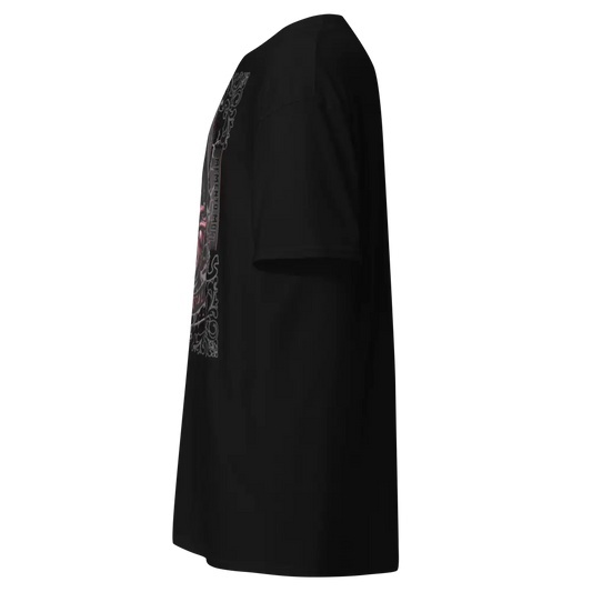 Unisex classic tee in 100% cotton with black long-sleeved hoodie and subtle camo on left sleeve