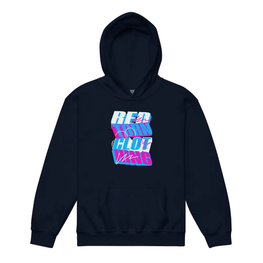 Redtorn Kids Glitch Hoodie in retro style with neon pink and purple Red Bull graphic