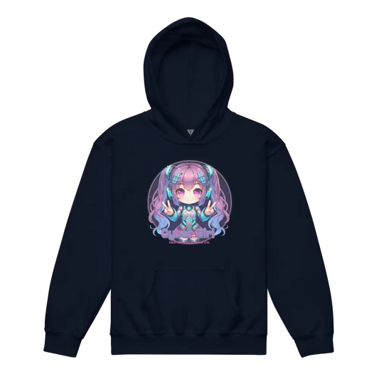 Redtorn Cyber Girl anime hoodie in navy blue with tech fashion design