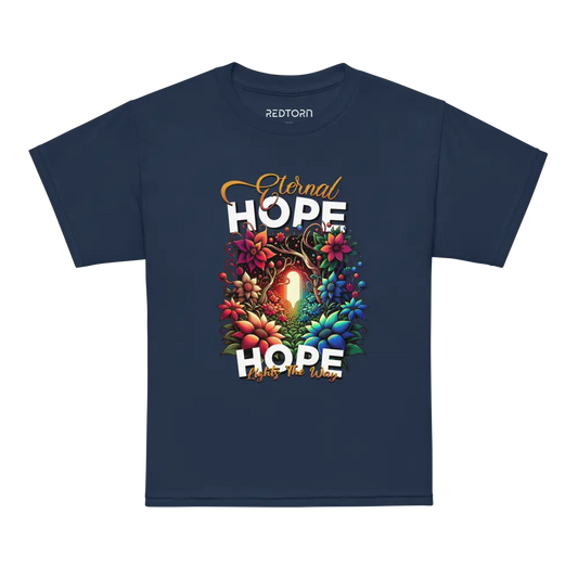 Redtorn Eternal Hope Floral kids moisture-wicking t-shirt in navy blue with colorful design