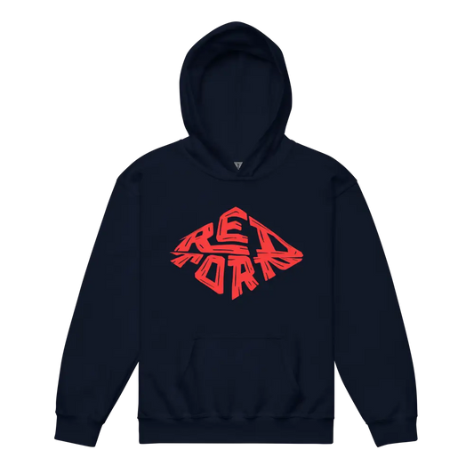 Navy blue heavy blend hoodie with red diamond split logo and pouch pocket