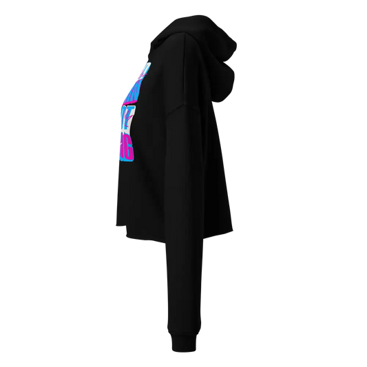 Redtorn Glitch Logo Cropped Hoodie in black with colorful back graphic, women’s apparel