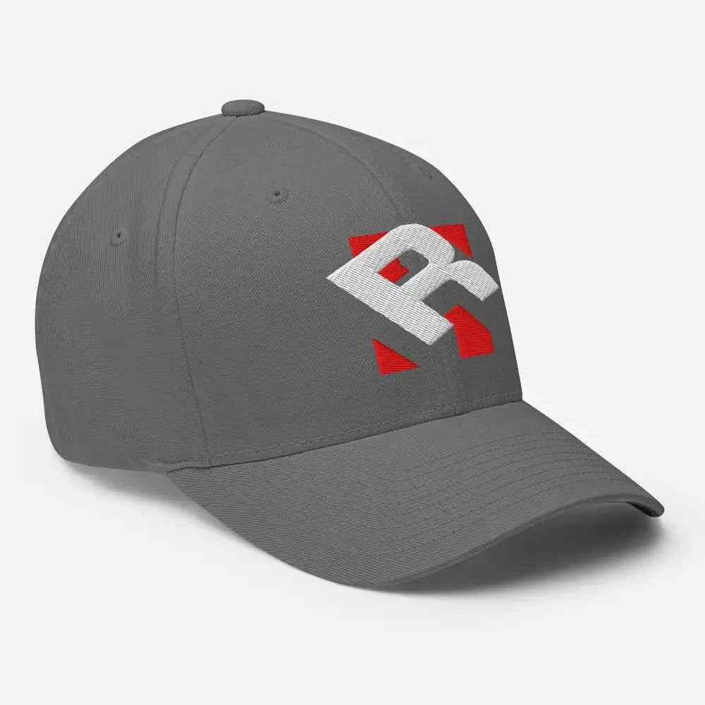 Redtorn R Flexfit unisex baseball cap in gray with red and white r logo