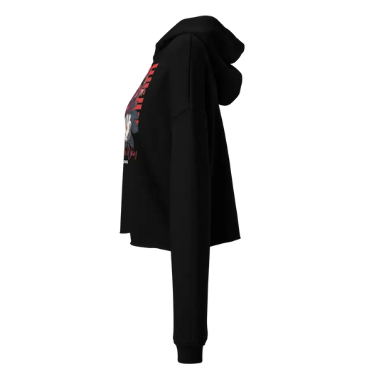 Hope Rose Crop Floral Hoodie in black with sleeve graphic, cotton-poly blend