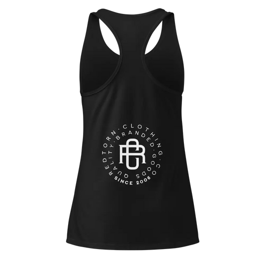 Black sleeveless Redtorn Signature Series racerback tank with white logo for ultimate comfort