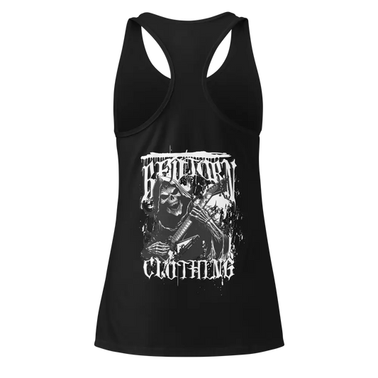 Black Bedtown rock-out women’s racerback tank with white skull and gothic text