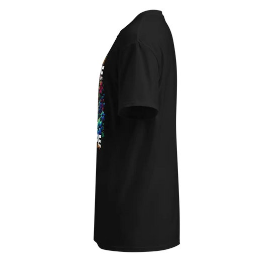 Eternal Hope floral tee in black hooded cloak with colorful lining