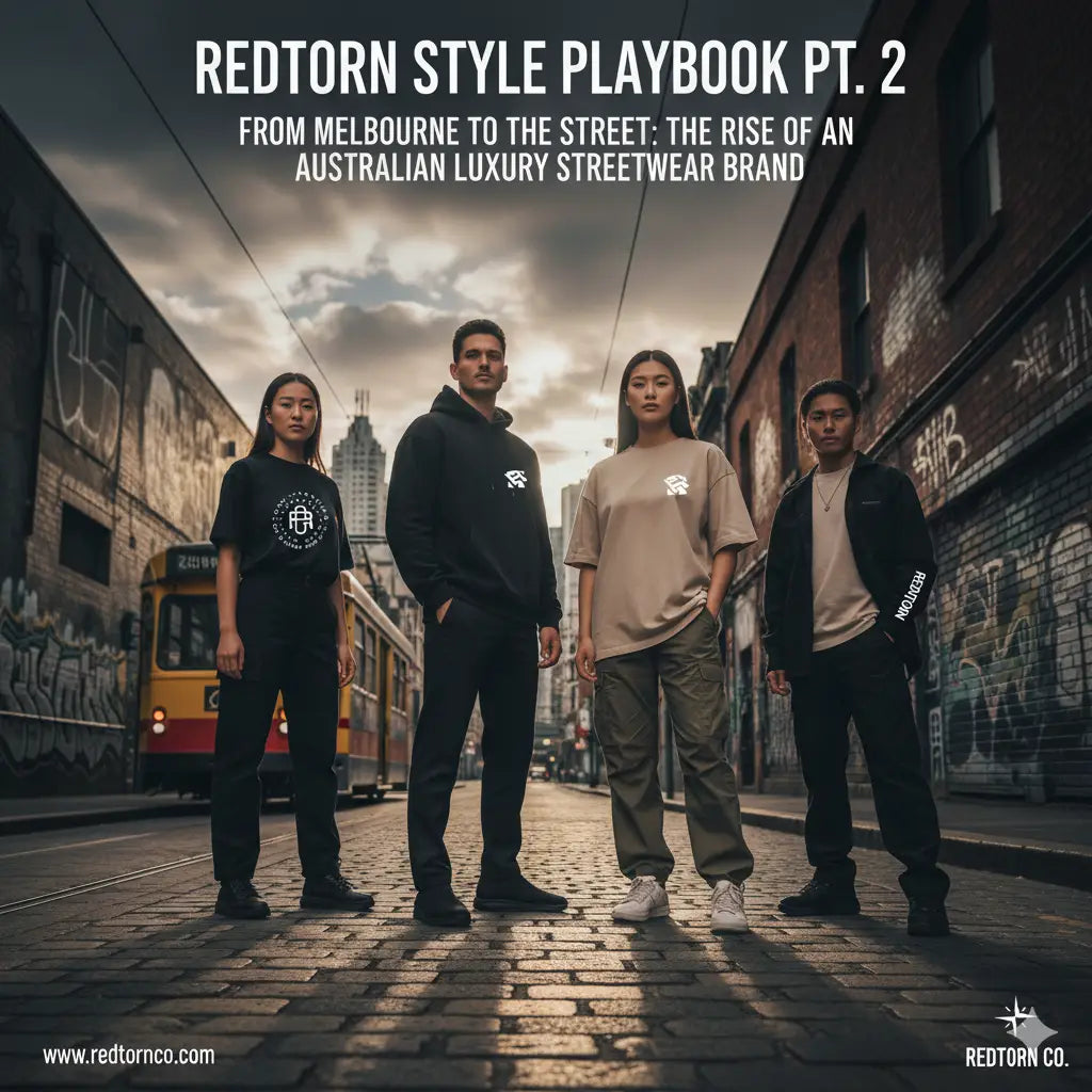 Redtorn cotton blend hoodie with black logo, luxury Australian streetwear brand