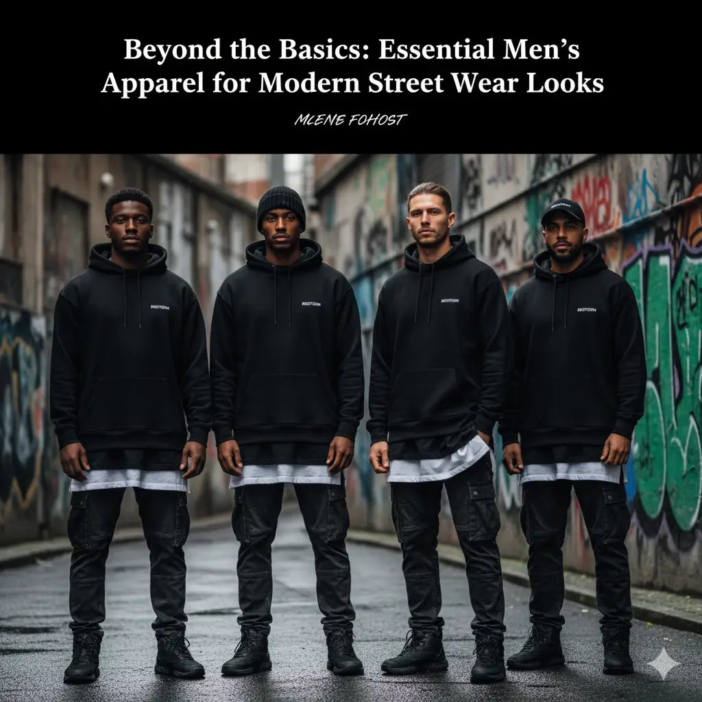 Authentic street modern street wear: black hoodie with white trim, leather pants, boots