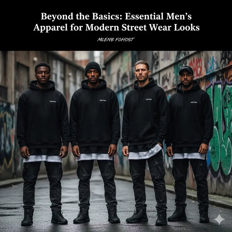 Authentic street wear: black hoodie with white trim, leather pants, boots