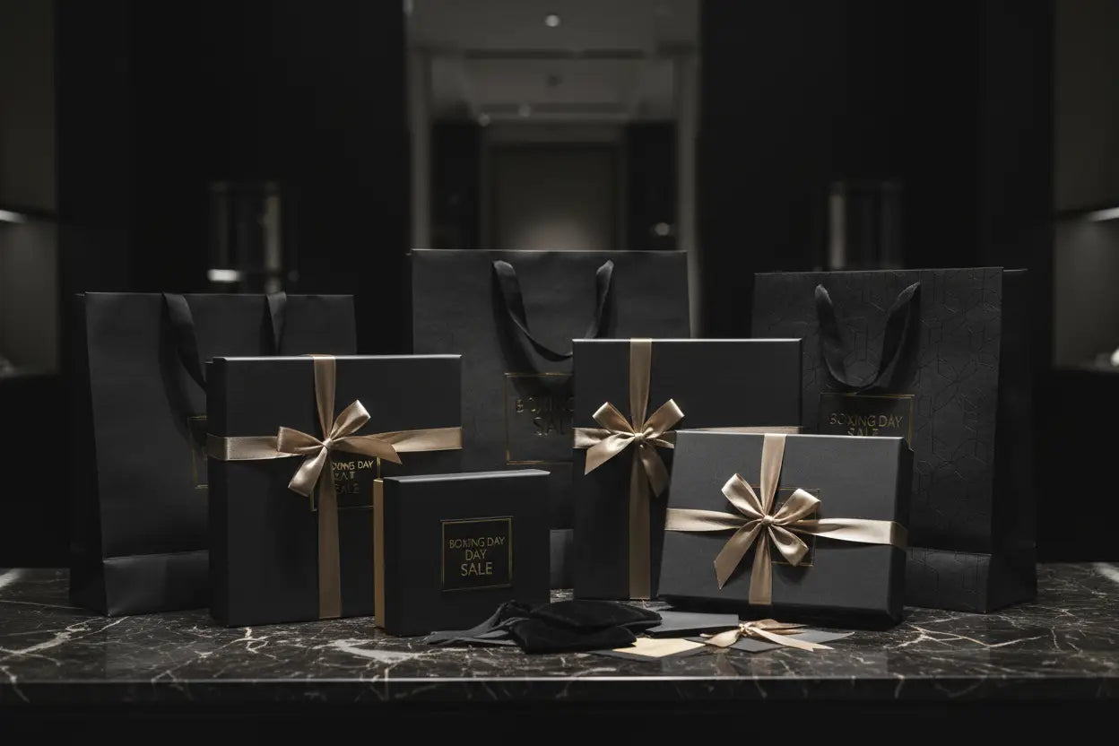 Redtorn Boxing Day black gift boxes with gold ribbons on marble