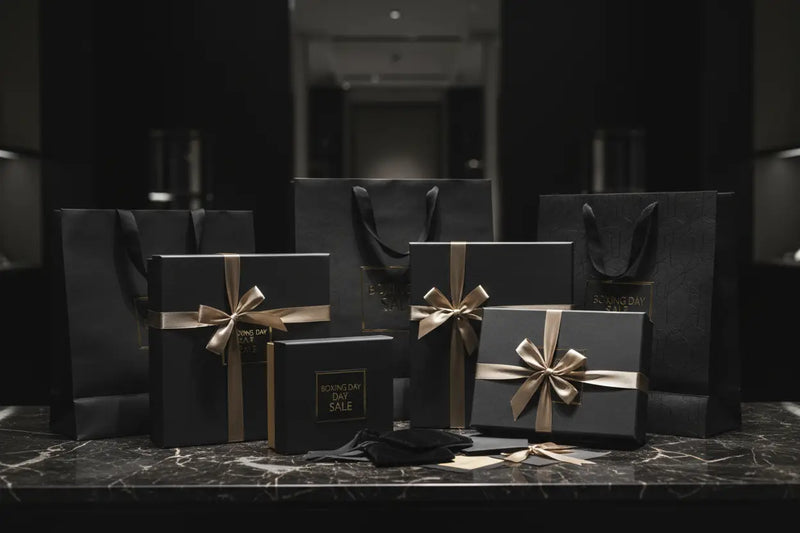 Redtorn Boxing Day black gift boxes with gold ribbons on marble