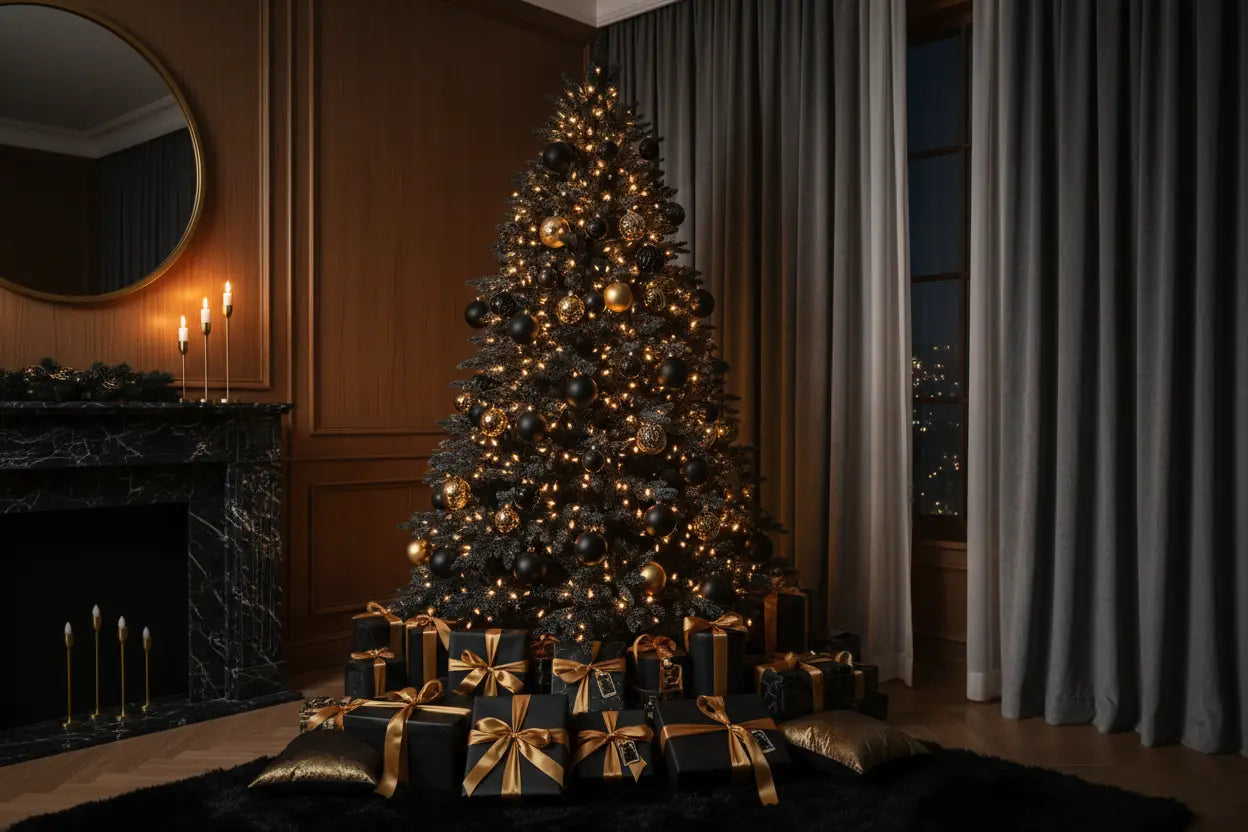 Elegant dark green Redtorn Clothing Christmas tree with gold ornaments