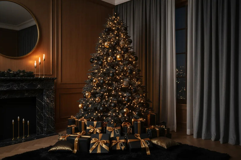 Elegant dark green Redtorn Clothing Christmas tree with gold ornaments