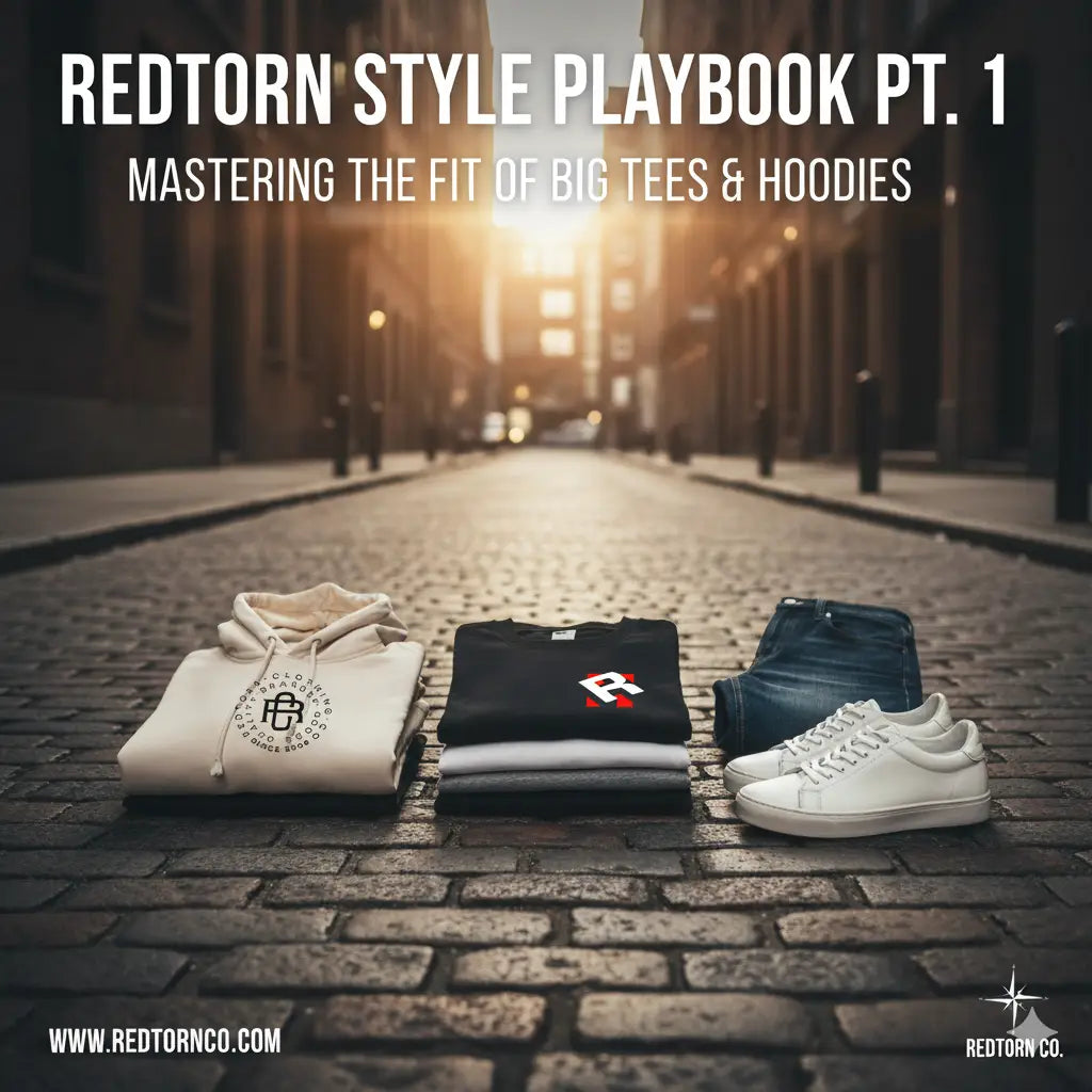 Redtorn clothing white hoodie with black logo and drawstrings, luxury streetwear.