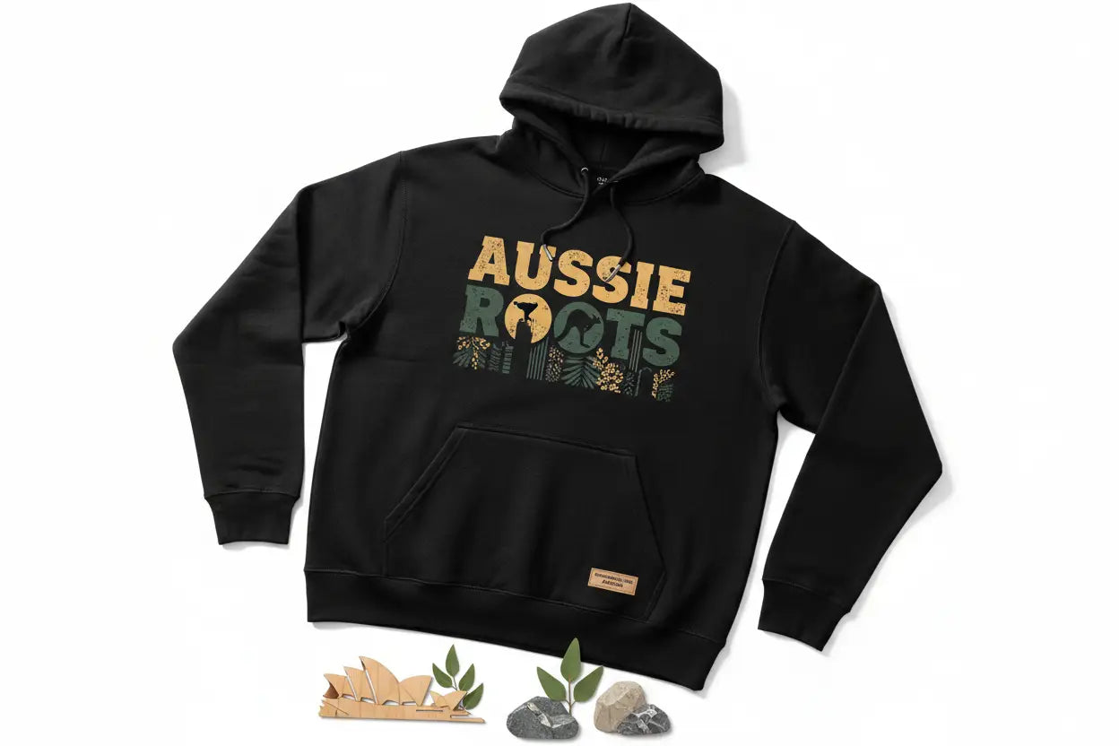 Redtorn Clothing black hoodie with Aussie Roots plant graphic, premium Australian streetwear.