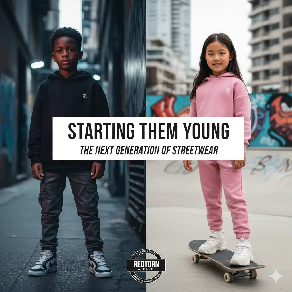 Black hoodie with white drawstrings, front pocket, gray leather pants for kids street wear style.