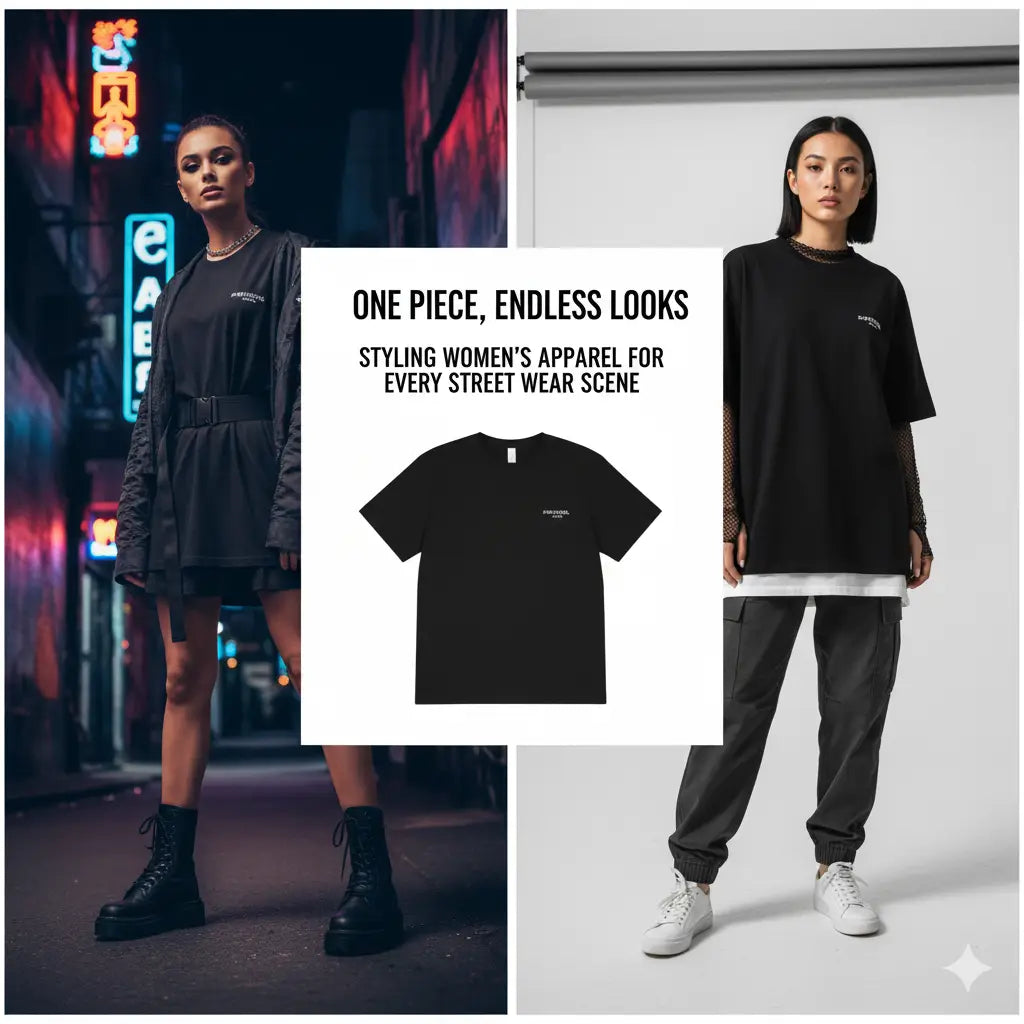 Black oversized big tee with white logo in women’s apparel street wear style