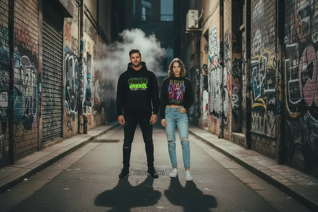 Black Hoodie with Purple Blue Skull Design in Streetwear Best Sellers