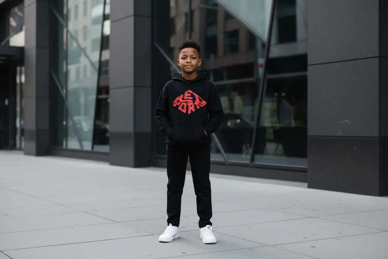 Black kids hoodie with colorful astronaut cat design by Redtorn Clothing