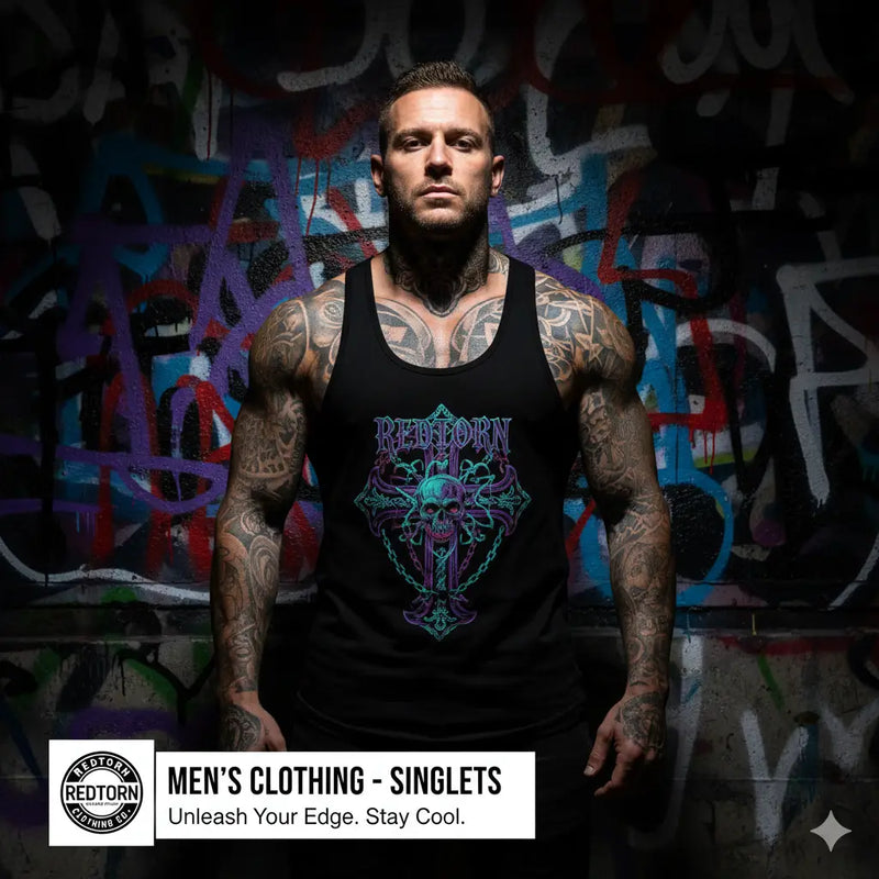 Black Redtorn singlet with blue green skull design in casual street wear collection