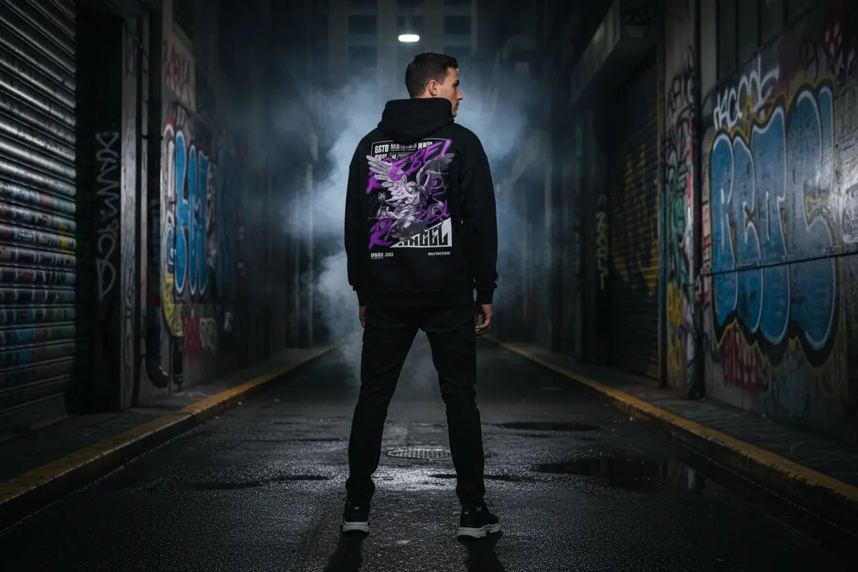 Mens heavyweight oversized black hoodie with white Redtorn Co text, street wear apparel