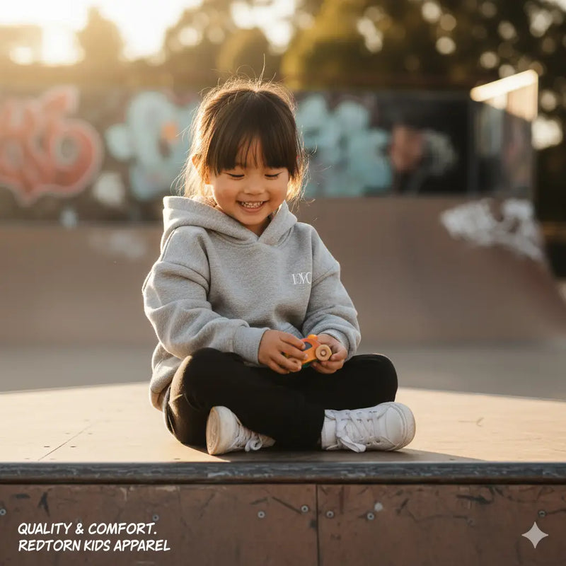 Gray redtorn hoodie with white drawstrings for premium kids clothing.