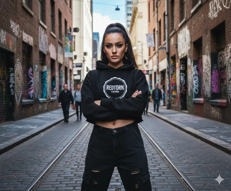 Black Redtorn cropped hoodie with logo and distressed jeans from modern streetwear collection