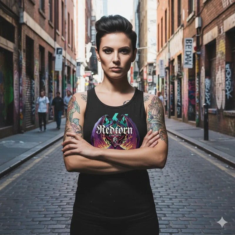 Black Redtorn Clothing tank top with colorful redcorn graphic for effortless street wear