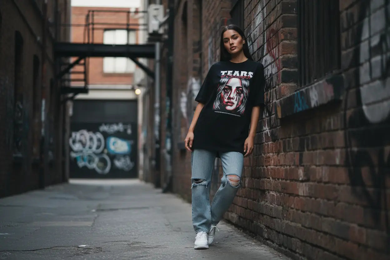 Black tank top with colorful Redtorn graphic in women’s streetwear tees