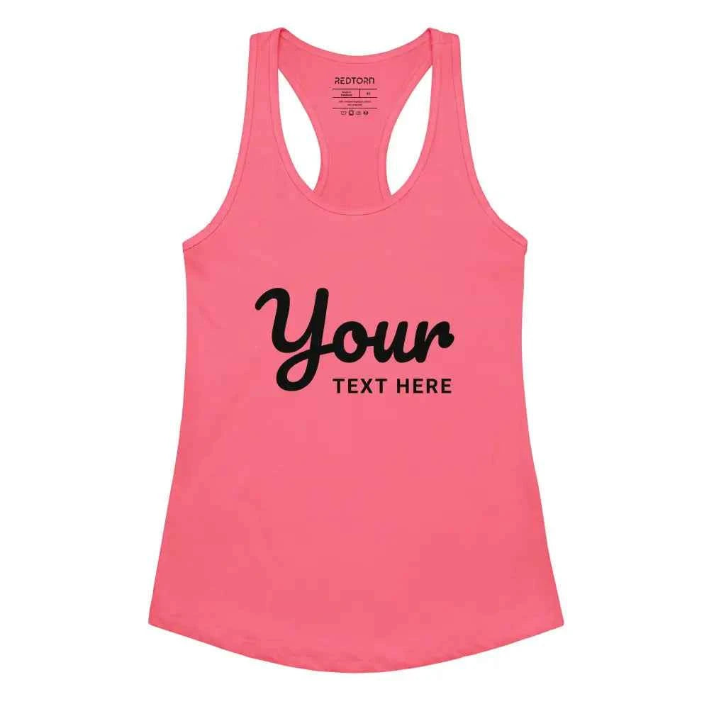 Custom women’s racerback tank top in neon pink with black text design