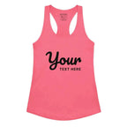 Custom women’s racerback tank top in neon pink with black text design