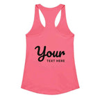 Custom women’s racerback tank top in neon pink with black text design