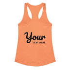 Custom women’s racerback tank top in peach with black text design