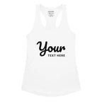 Custom women’s racerback tank top in white with black text design