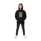 Astrocat kids hoodie with astronaut cat graphic in teal and white