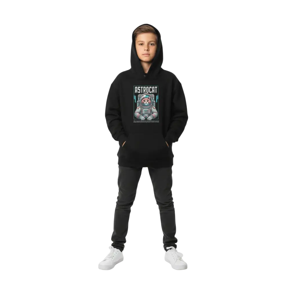 Astrocat kids hoodie with astronaut cat graphic in teal and white