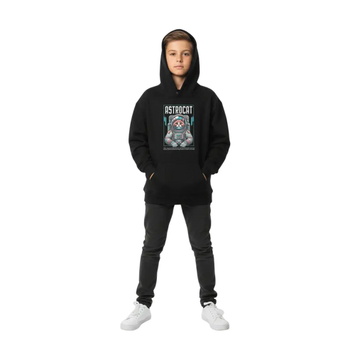 Astrocat kids hoodie with astronaut cat graphic in teal and white