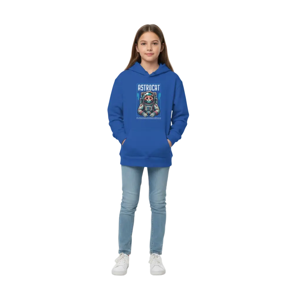 Royal blue Astrocat kids hoodie with astronaut cat graphic