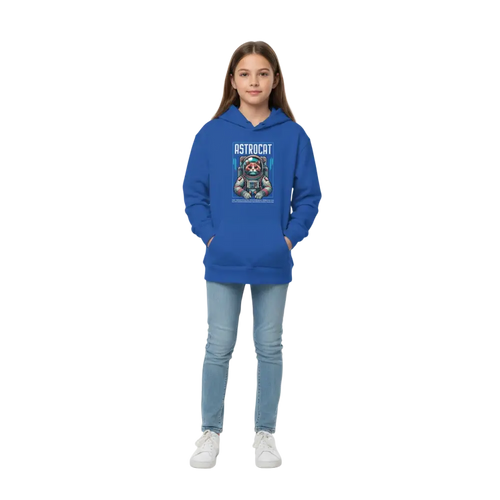 Royal blue Astrocat kids hoodie with astronaut cat graphic