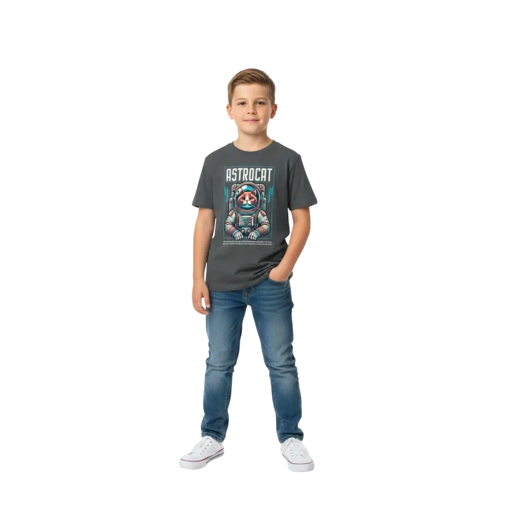 Dark gray Astrocat Space Explorer kids t-shirt with colorful astronaut cat graphic