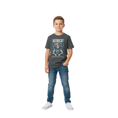 Dark gray Astrocat Space Explorer kids t-shirt with colorful astronaut cat graphic