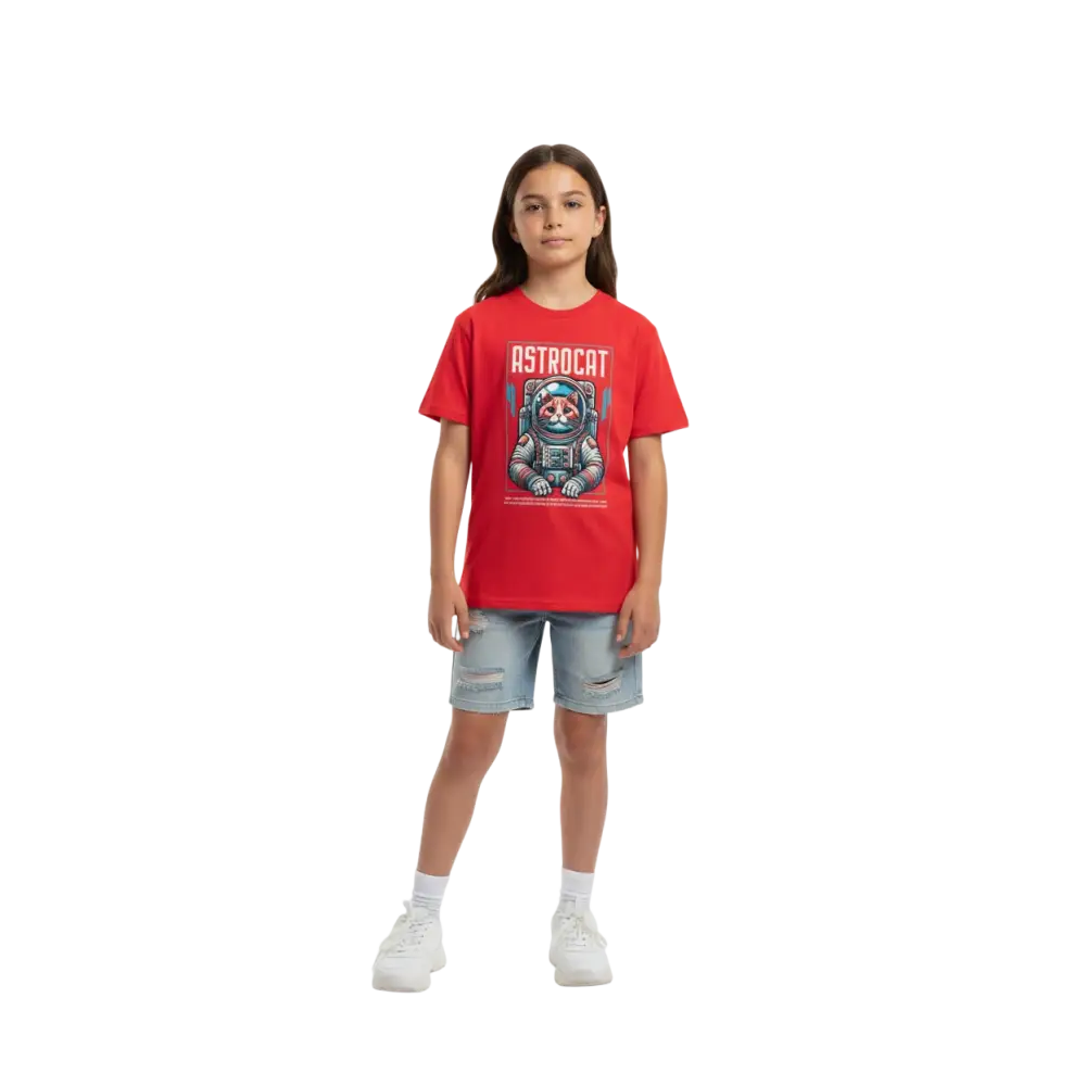 Red Astrocat Space Explorer t-shirt with colorful astronaut cat graphic