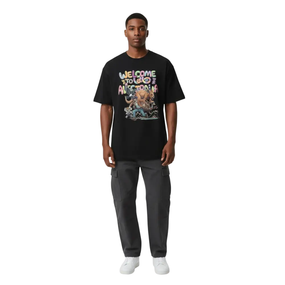 Aussie Welcome Classic Tee: black short-sleeve with colorful Australia wildlife graphic