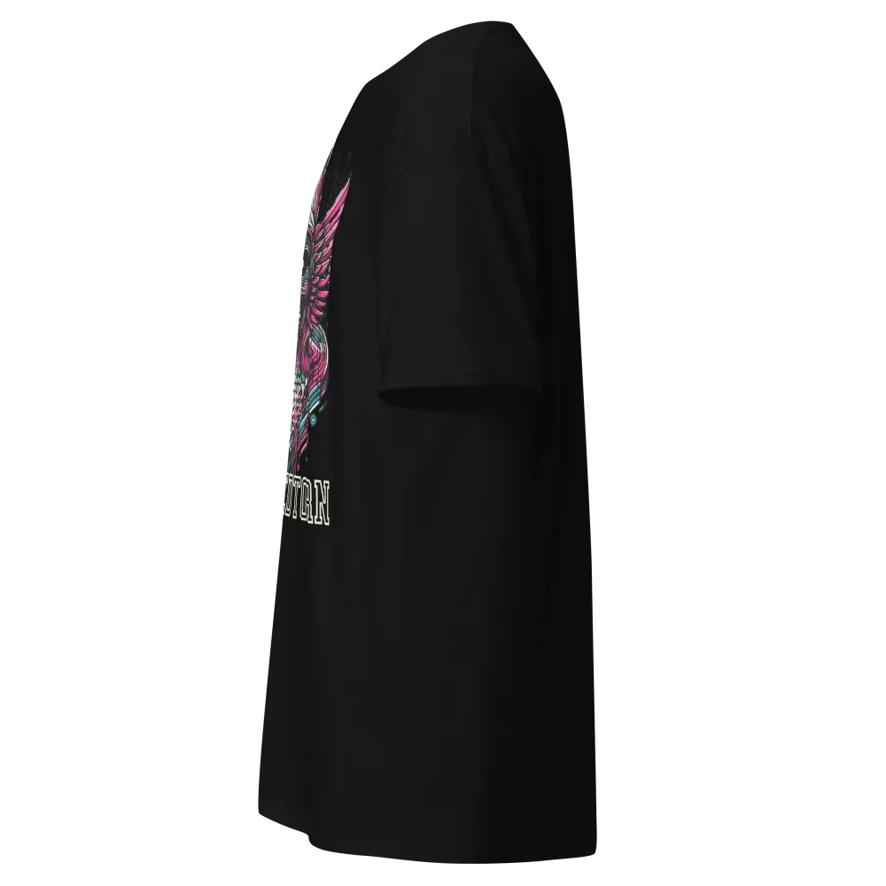 Black cotton unisex classic tee with winged woman graphic on front